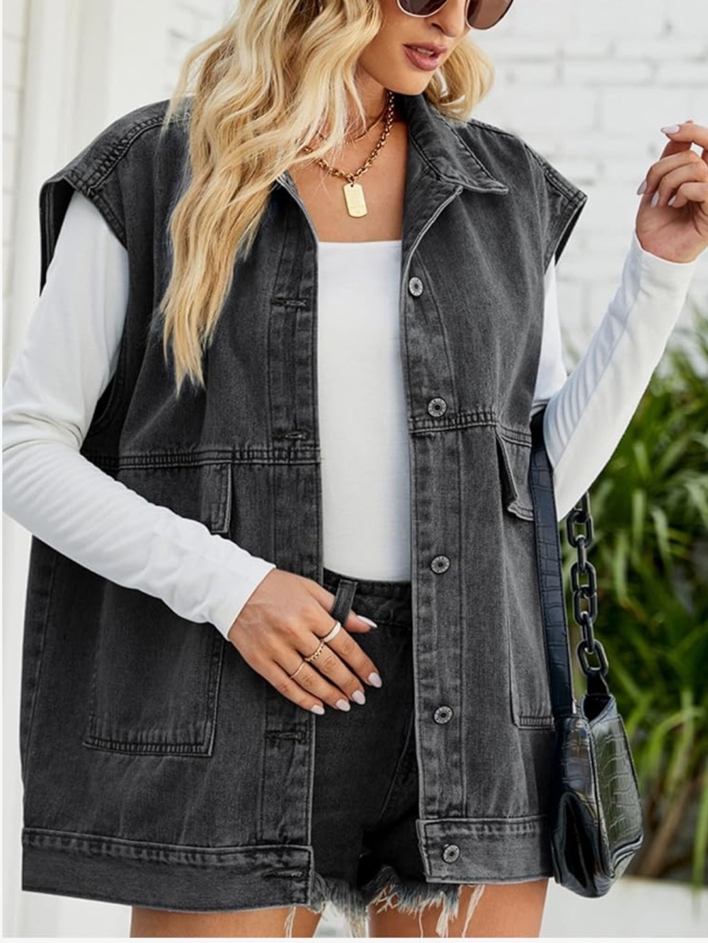 Washed Black Denim Vest Jean blazer women button front - Picture 2 of 8
